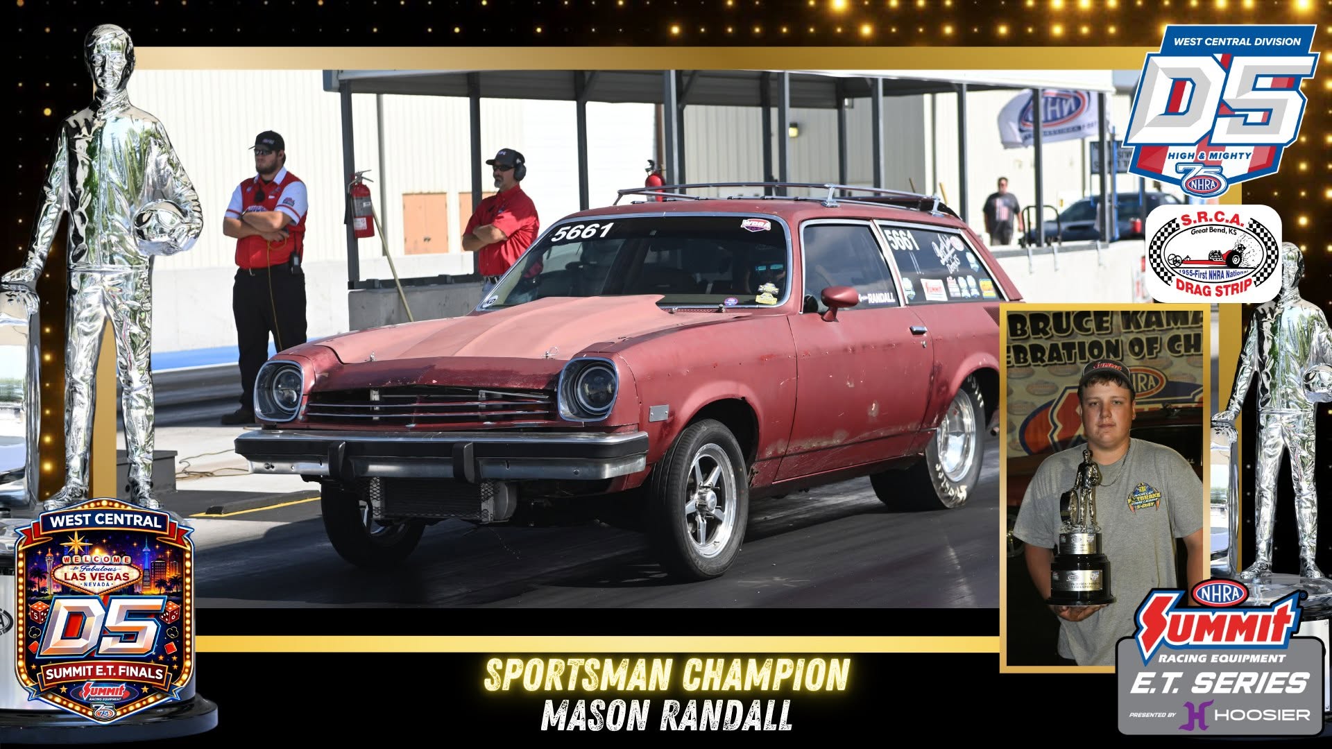 Mason Randall, NHRA Division 5 Sportsman Champion, with his race car and trophy